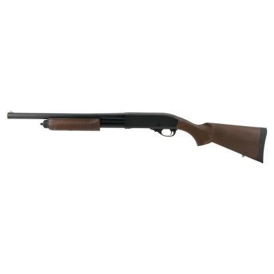 usil à pompe airsoft Tokyo Marui M870 Wood Stock noir et imitation bois vue gauche